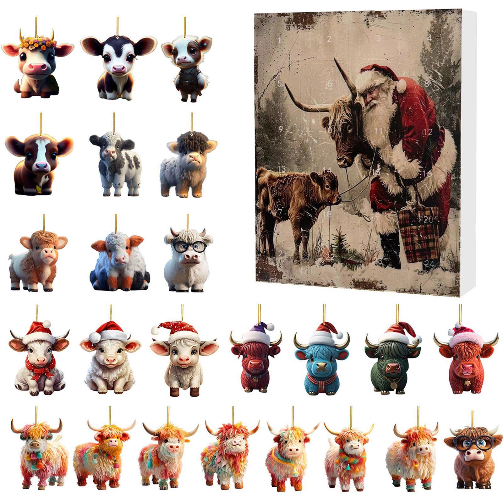 

Christmas Advent Calendar 24 Pcs Highland Cow Ornaments 2D Acrylic Cute Animal Christmas Tree Decorations Xmas Countdown Gifts As Shown
