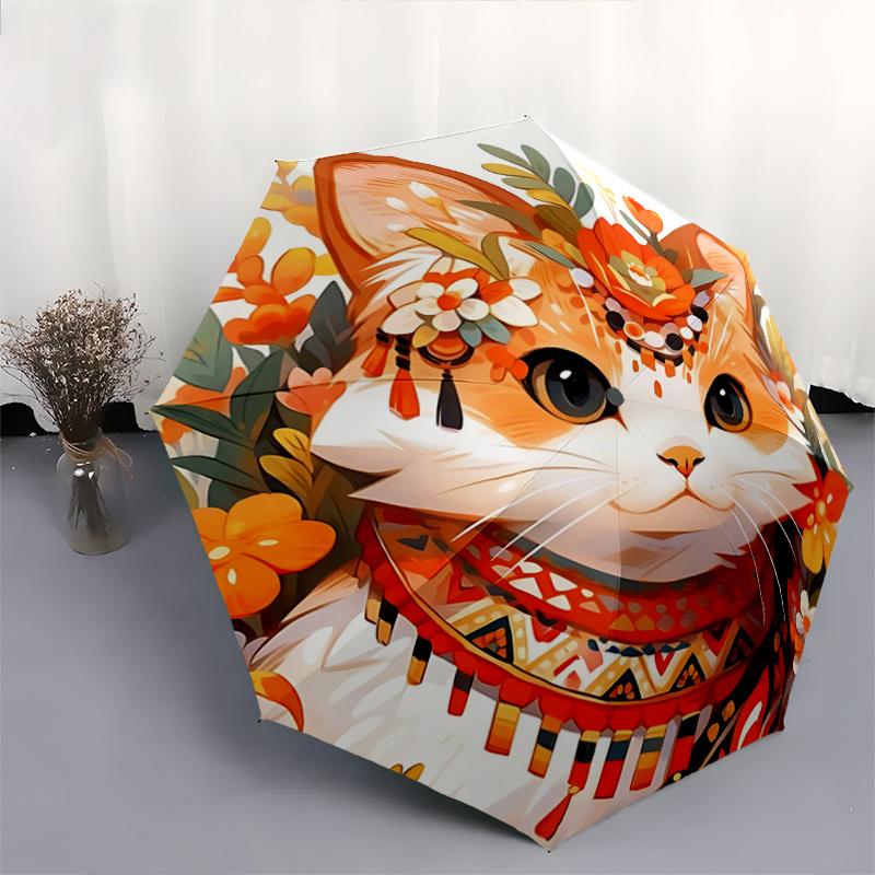 1pc Orange Cat Creative Design Durable Cartoon Folding Umbrella, Portable Compact Umbrella for Men and Women, Suitable for Travel or Daily Use.P073