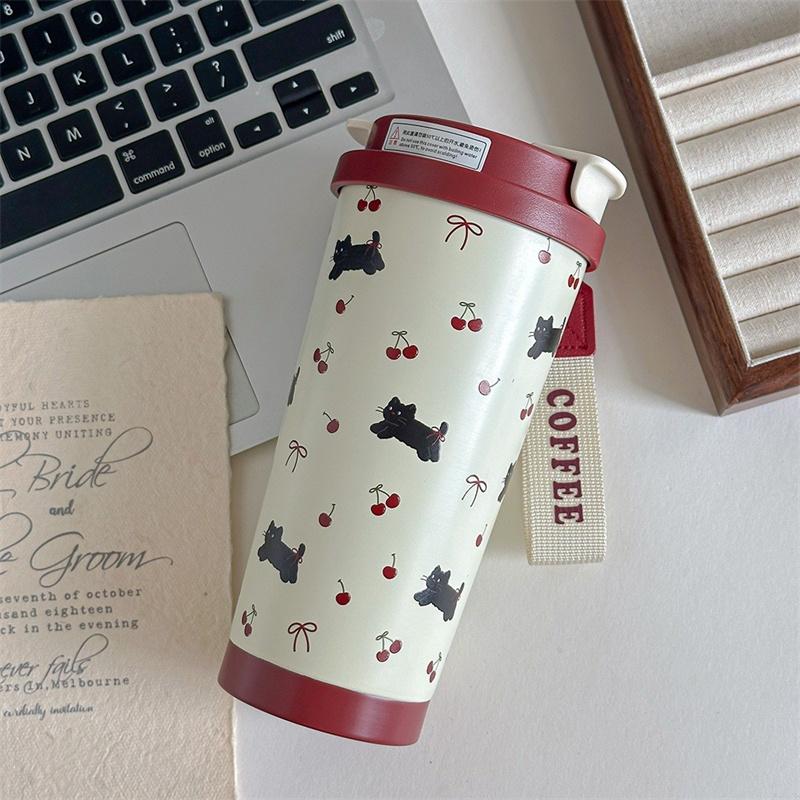 Floral Kitten Design 550Ml Dual-Drink Vacuum Insulated Cup, Large Capacity Portable 316 Stainless Steel Water Bottle