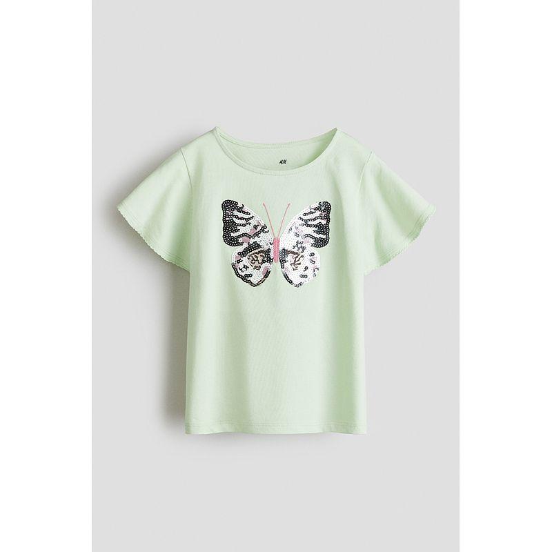 

HM Children s Clothing Girl T-shirt 2025 Summer New round Neck Loose Western Style Sequin Pattern Short Sleeve Tops 1282315 Light green/Butterflies 120/60