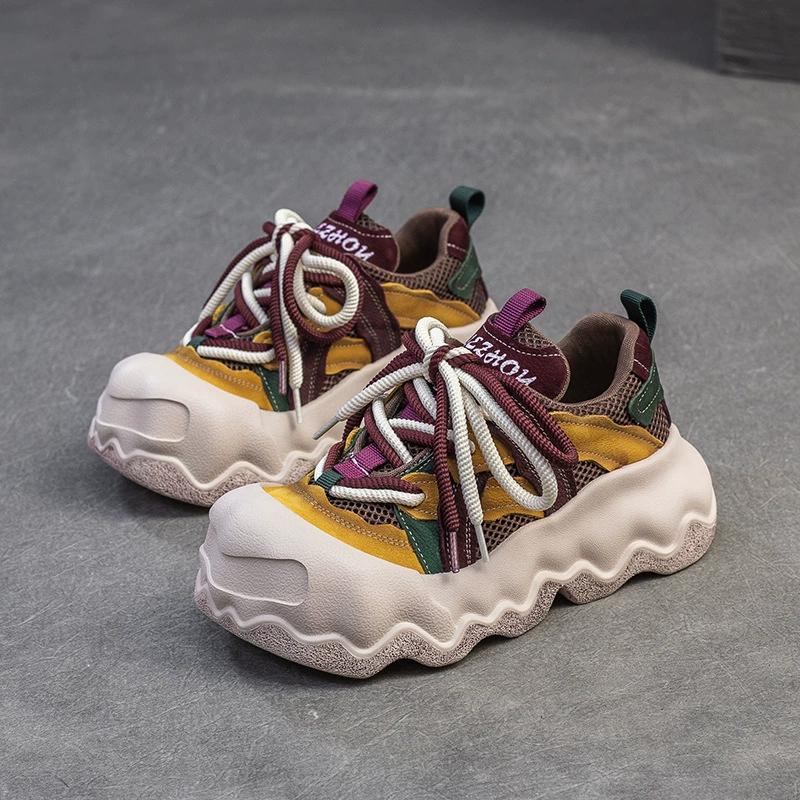 Fashion GKTINOO Sneakers Women Genuine Leather Thick Soled Big Toe Lace-Up Spring Autumn Lady Casual Flat Shoes Handmade Women Shoes