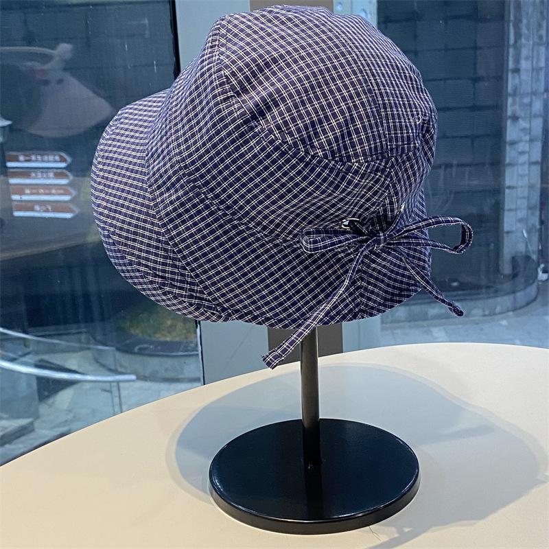Women's Summer Japanese Retro Plaid Cuffed Fisherman Hat Wide Brim Sun Protection Hat Stylish Face Slimming Basin Hat Fashionable Sunshade Cap