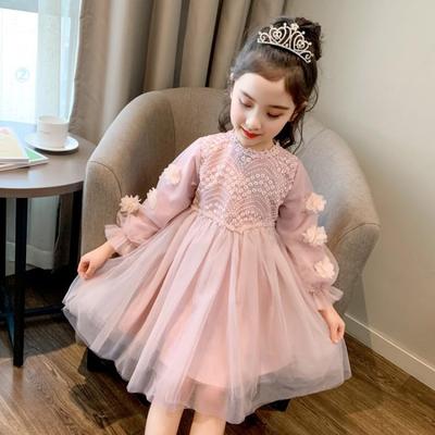 Baby Girl Fall Lace Crew Neck Flowers Long Sleeve Empire Waist Pink Net Yarn Princess Dress