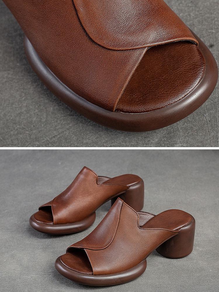 Johnature Peep Toe Slippers Μονόχρωμα Vintage Γνήσιο Δέρμα Ψηλοτάκουνα Άνετα Απλά Γυναικεία Παπούτσια