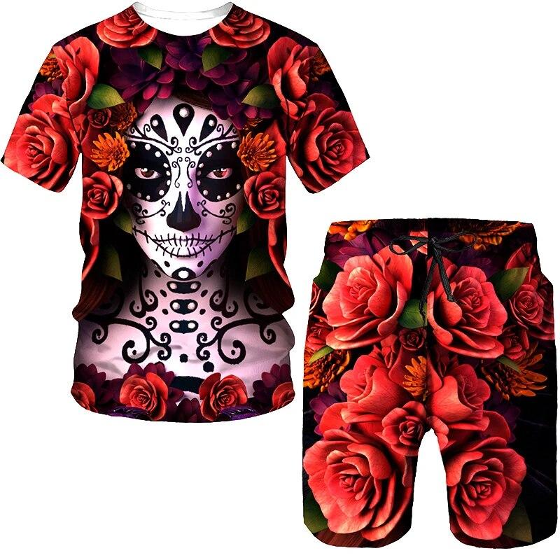Summer 2 Piece Outfits Sets Tshirt and Shorts Tracksuit Men's Oversized Cloth Streetswear Vintage Skull Gothic 3D Print Men Sets
