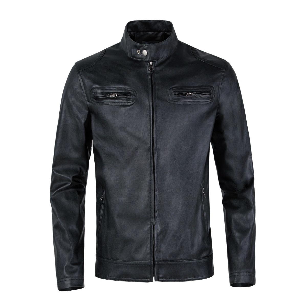Men s Double Pocket Stand-Up Collar Casual Leather Jacket M