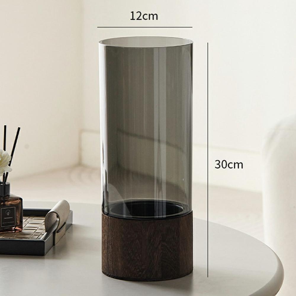 12x30cm Minimalist Flower Vase with Wooden Base PET Transparent Cylinder Vase Living Room Decoration