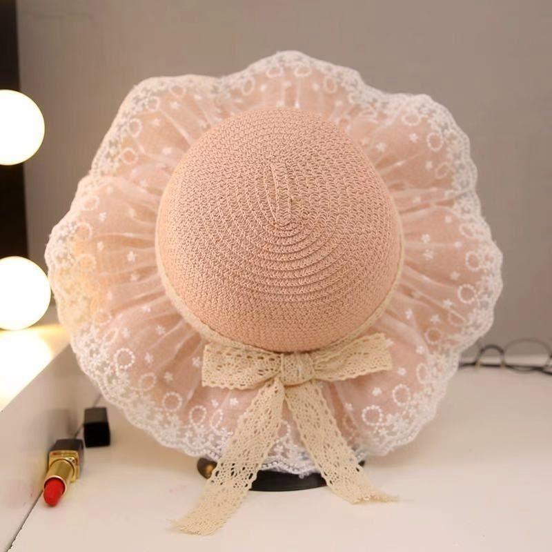 Girl's Sunscreen Lace Straw Hat Summer Children's Sunshade Travel Princess Wind and Snow Spinning Cool Hat