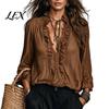 Ruffle V-Neck Shirt Women Top, Solid Color Casual Long Sleeve Office Wear Blouse Pullover Shirt, Retro Pleated Loose for Autumn Classic Fall Top