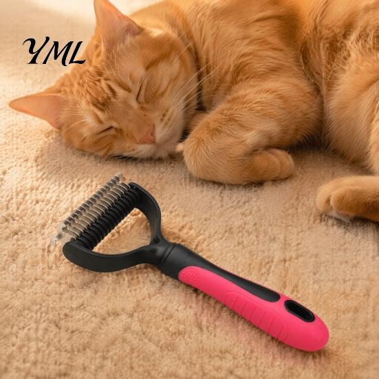Dematting Comb for Dogs And Cats Double-Sided Pet Grooming Brush, Stainless Steel Cat Undercoat Rake, with Hair Remover Mats Non-Slip Handle
