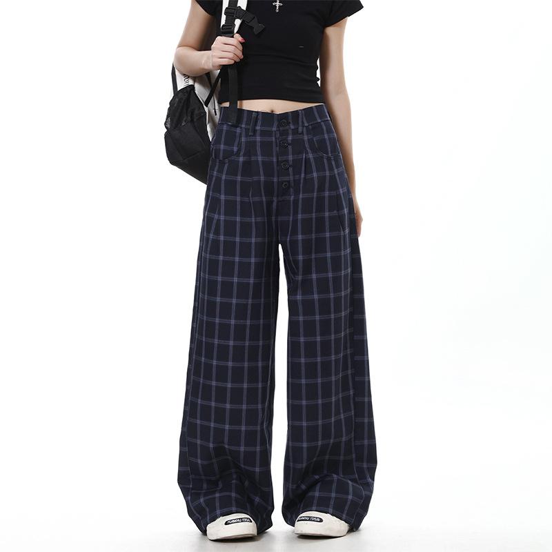 American Retro Plaid Multi-breasted Design Mopping Pants Men's and Women's Early Autumn Niche Lazy Wind Straight Wide-leg Trousers
