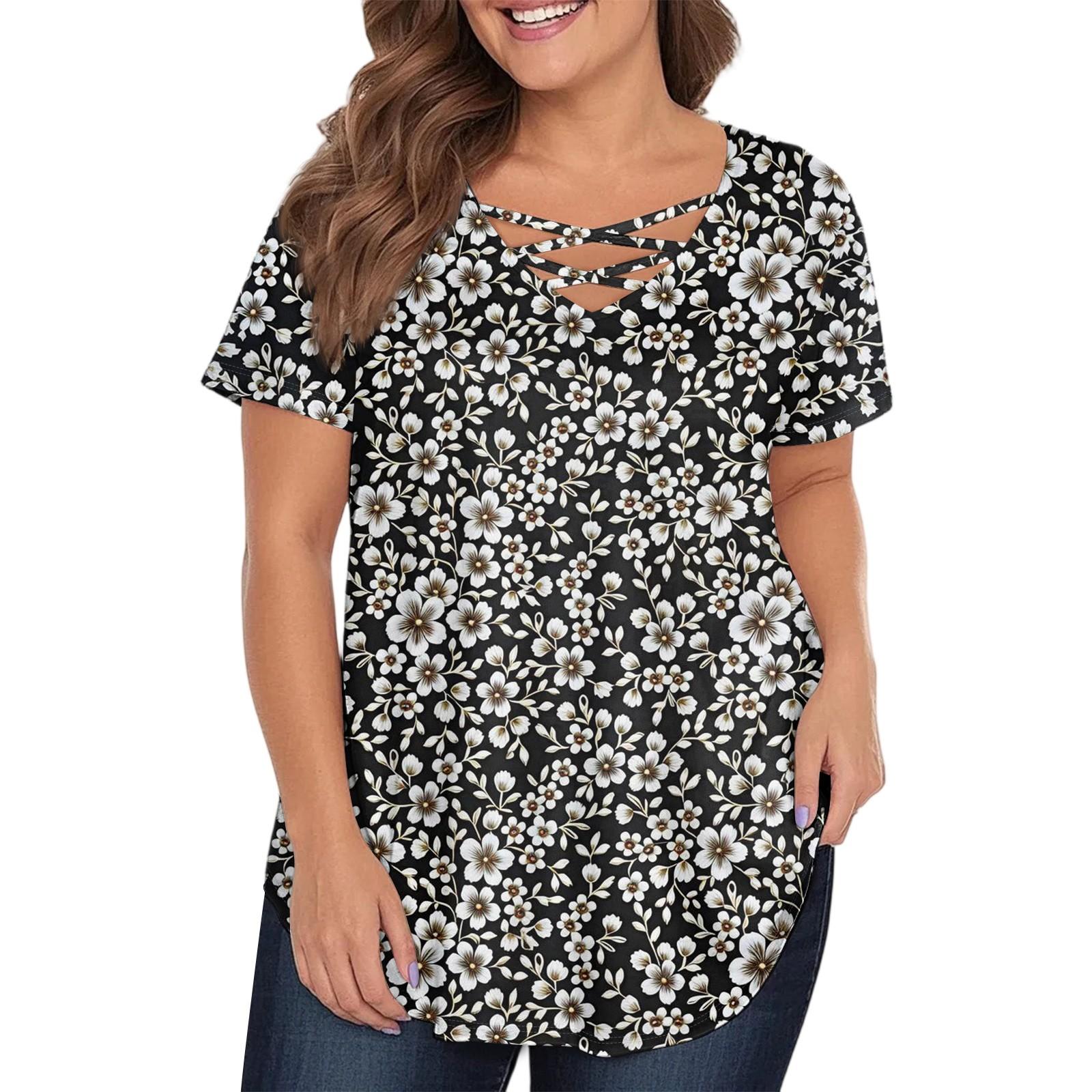 

Женская модная повседневная футболка с принтом, V-образным вырезом и короткими рукавами, большого размера L чёрный