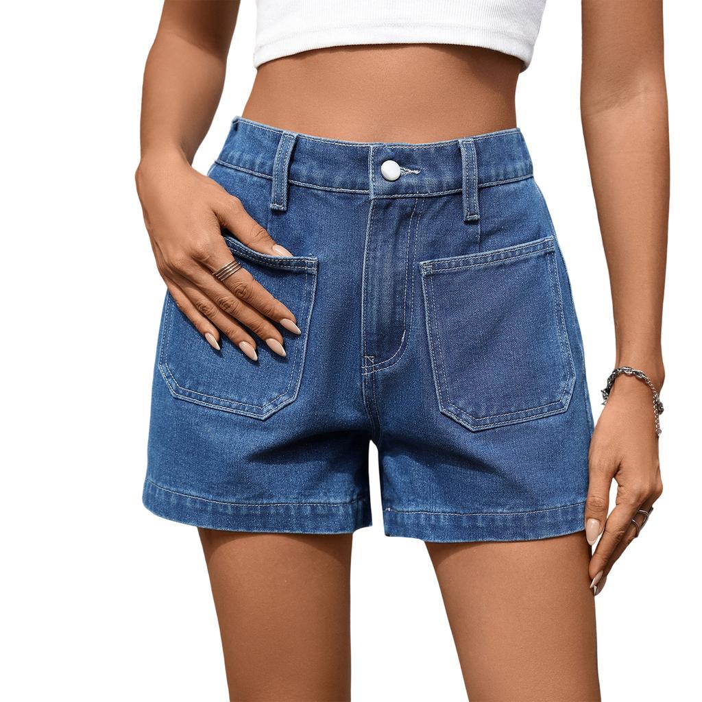 Damskie Letnie Modne Spodnie Jeansowe z Płukanego Materiału z Przednią Kieszenią, o Średnim Stanem