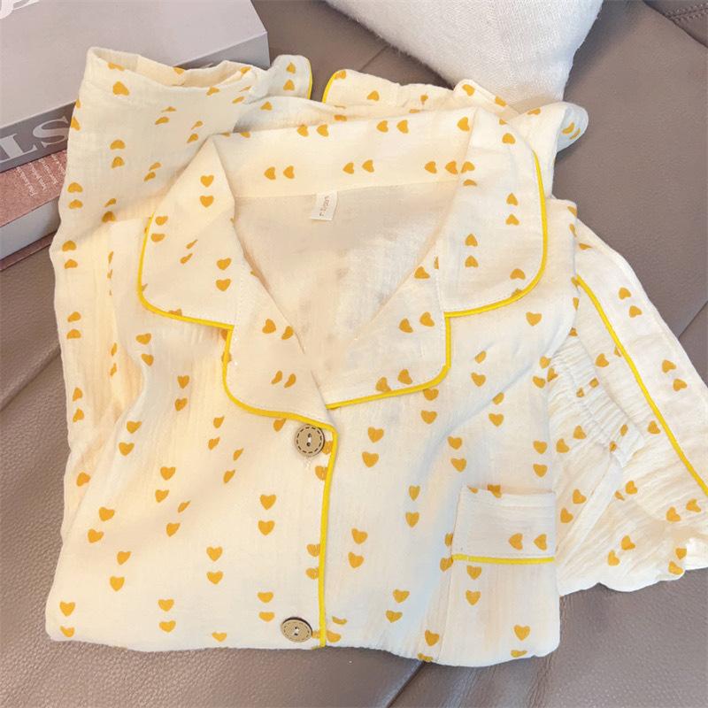 

Soft cute princess full of milk yellow peach heart pajamas women s summer short-sleeved shorts lace two-piece set can be worn outside loungewear S