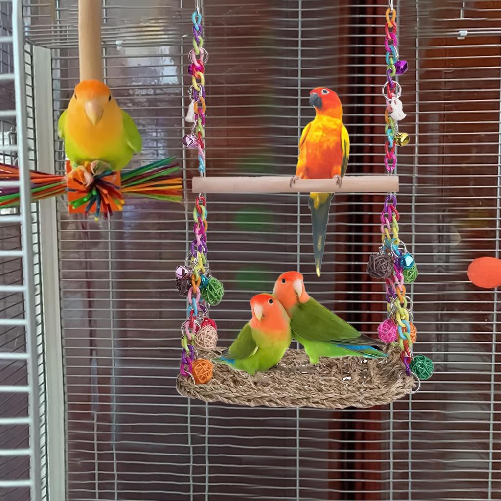 Bird Swings For Parakeets Bird Toys Wooden Perch Swings Seagrass Woven Hammock Chew Toys Cockatiel Cage Accessories For Parrot