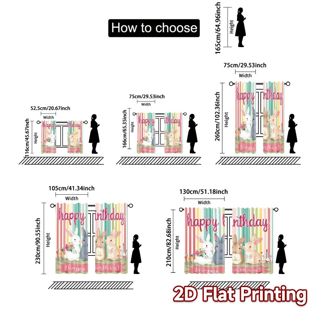 Set Of 2 Flat Printing Curtains Without Rod Birthday Bunnies Creative Polyester Easy Install Modern Made