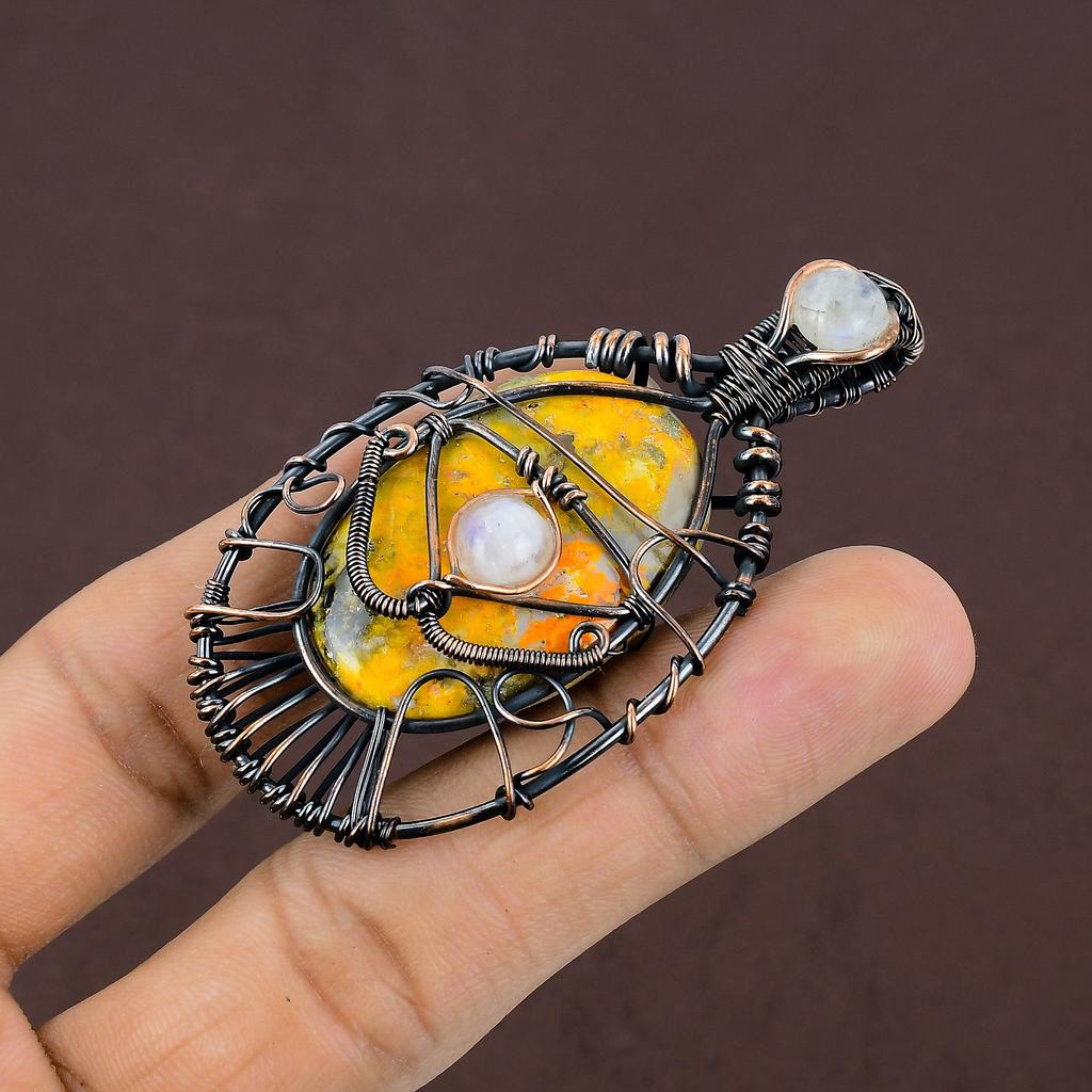 Natural Bumblee Bee Jasper,Moonstone Stone Copper Wire Wrap Pendant 2.76" J4J13