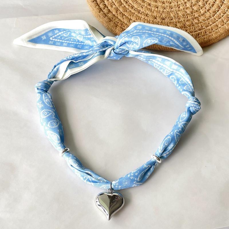 Cutie Bandana Scarf Necklace With Stainless Steel Heart Charm Handmade Jewelry Gift For Mother Wife Girls