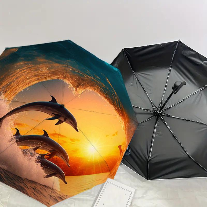 1pc Ocean Sunset Dolphins Wave Umbrella with Plastic Handle,Suitable for All Seasons Home Travel Outdoor UmbrellaDD345