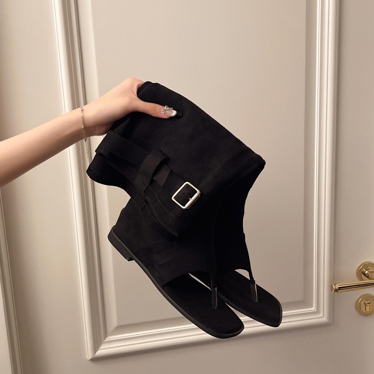 

Fashion Summer Internal Elevation Women Knee High Boots Retro Style Clip Toe Shoes Ladies Causal Slip on Sandalias Booties 35 чёрный