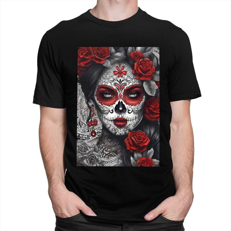 Custom Mexican Catrina Sugar Skull Lady Tshirt for Men Short Sleeves Casual T Shirt Tshirts Slim Fit Pure Cotton Tees Gift