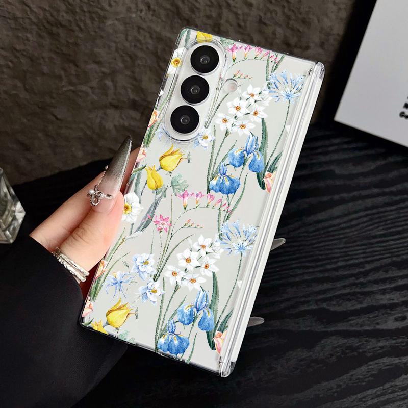 Magnetic Adsorption Phone Case For Samsung Galaxy Z Fold 7 6 5 Fold7 Fold6 Fold5 5G Retro Flowers Pattern Clear Shockproof Cover