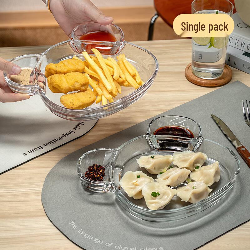 Cartoon Glass Divided Dumpling Plate with Dipping Dish