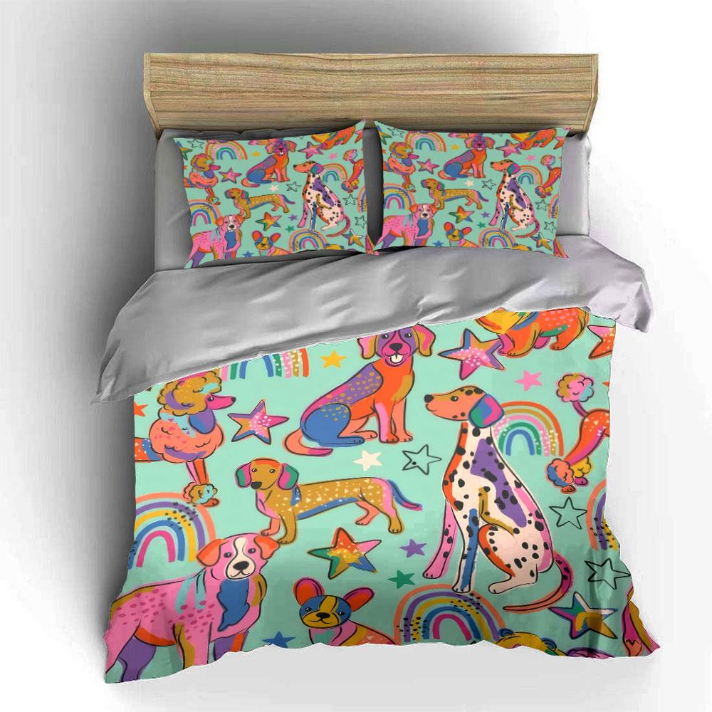 Colorful Dog Print Decoration Set Bedding Set with 1 Duvet Cover 2 Pillowcases Single Double King Queen, Gift