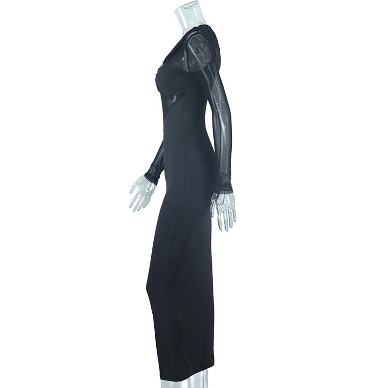 European and American Fashion Women's Round Neck Mesh Splicing Long Sleeved Medium To Long Tight Dress