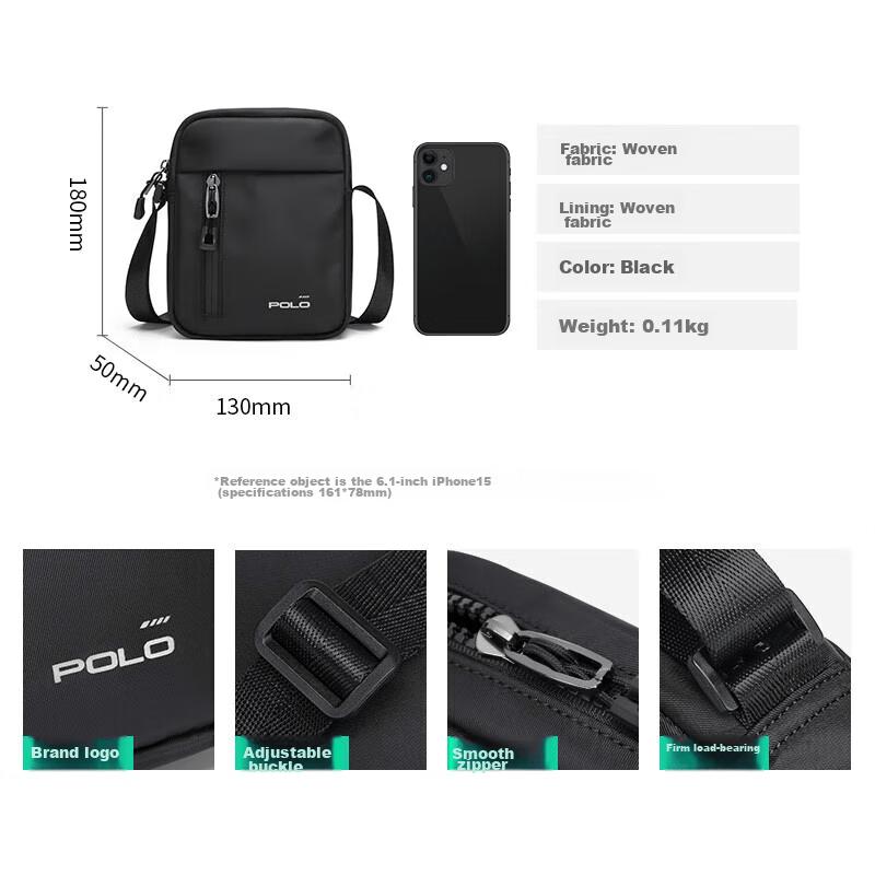 POLO Shoulder Bag for Men, Casual Crossbody Bag, Messenger Bag, Commuter Bag, Vertical Lightweight Phone Pouch, Black