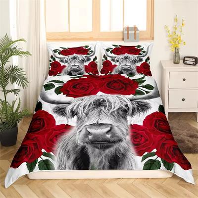 Zestaw poszewek na kołdrę dla dzieci Highland Cattle Flower Zwierzę gospodarskie Byk Krowa Poszwa na kołdrę Mikrofibra Western Kowbojski Pojedynczy King Zestaw pościeli