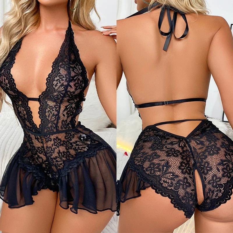 Sexy Crotchless Underwear Women Lace Hollow Bra Set Erotic Costume Teddy Baby Doll Dress Deep V Open Bra Porn Lingerie Set
