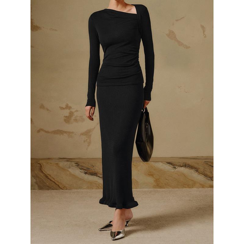 Women's Sexy Slant Neck Long Sleeve Solid Colour Inner Temperament Elegant Top