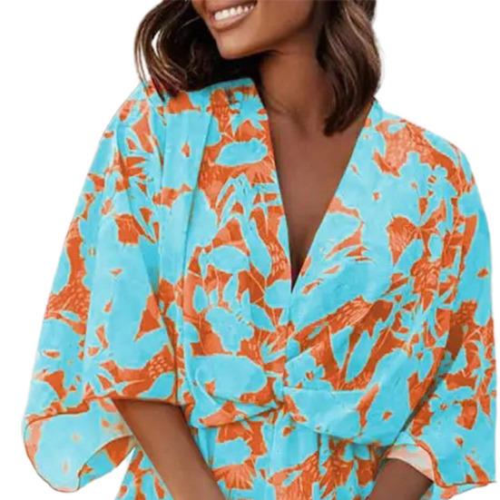 V-Neck Batwing Sleeve Layer Ruffle Hem Holiday Dress Summer Casual Waist Drawstring Coconut Leaves Print Mini Dress Female Clothes