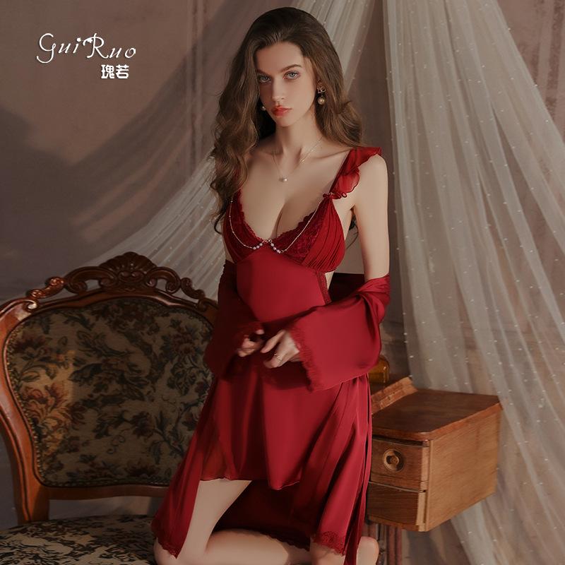 Women's Sheer Mesh Side Slit Padded Backless Cami Sleep Dress with Robe Lounge Set