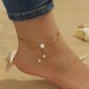 Stainless Steel Double Layer Clover Pearl Anklet White Shell Tassel Bead Chain Adjustable Dainty Lucky Ankle Bracelet