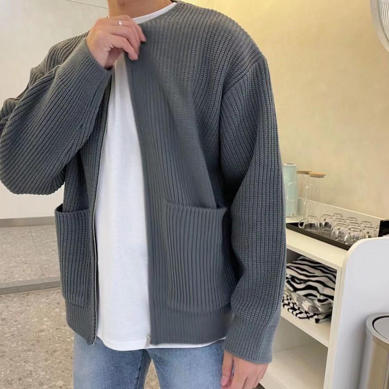 Mens Plain Knit Cardigan Sweater With Zipper Loose Fit Warm Casual Winter Wear