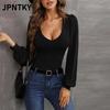 JPNTKY Women's Fashion Casual Solid Color Print Long Sleeve U-Neck Blouses & Shirts