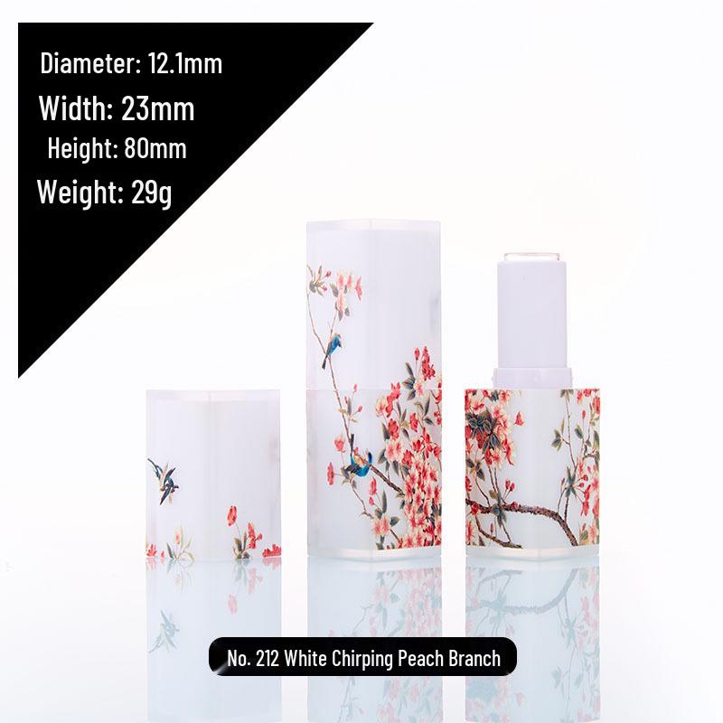 Elegant Frosted Translucent Square Lipstick Tube - Chinese Style 3D Printed Magpie Floral Design, 12.1g