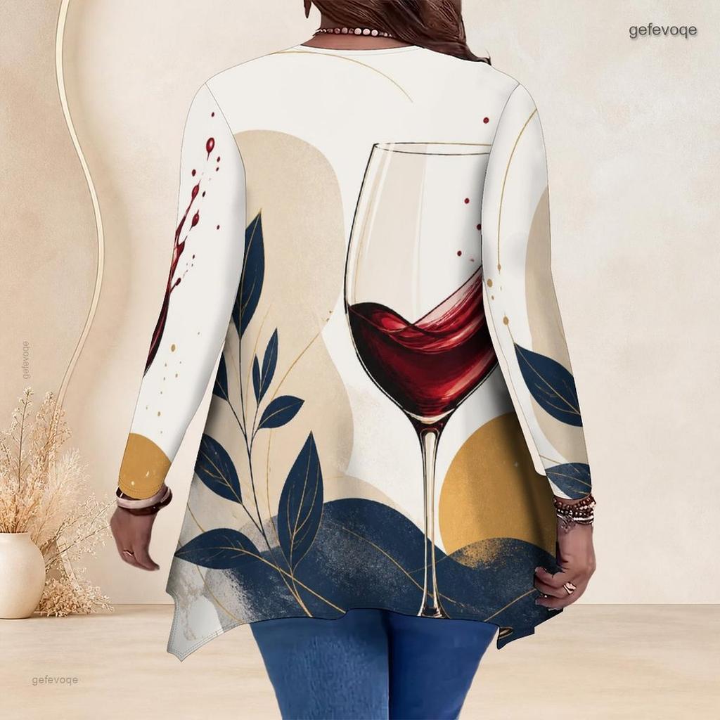 Women Plus Size V Neck Long Sleeve Printed Asymmetric Hem Flared Tunic Top