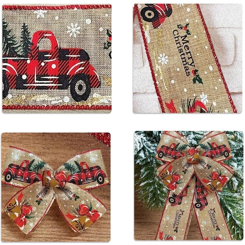 2 Rolls Bucolic Burlap Style Ribbon With Santa Sleigh Bells Holiday Homes Decoration Accessories