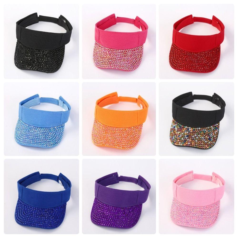 Fashionable Breathable Empty Top Hat Candy Colored With Embedded Rhinestones Sunshade Cap Wide Brim Diamond Encrusted Hat Summer