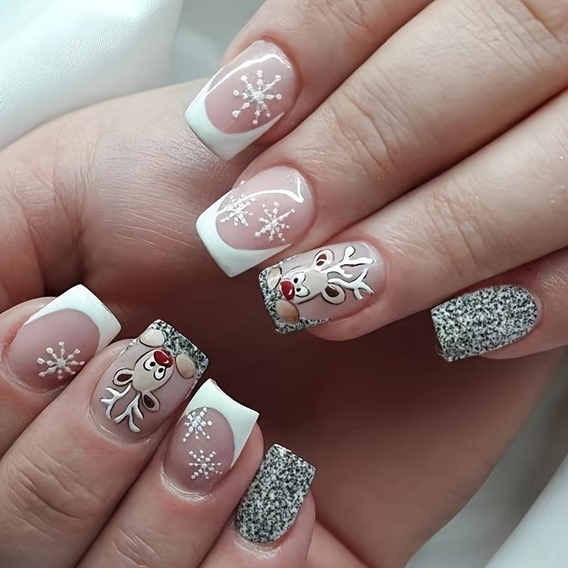 

Christmas Snowflake Reindeer Square Fake Nails Set - 24 Removable Pieces