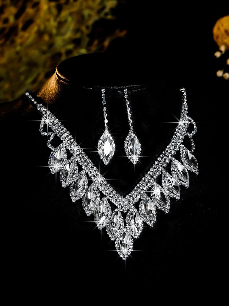 Conjunto de Colar e Brincos de Diamante de Luxo Acessórios para Festa Vestido de Casamento Jantar Corrente de Colar e Brincos de Strass da Moda para Meninas