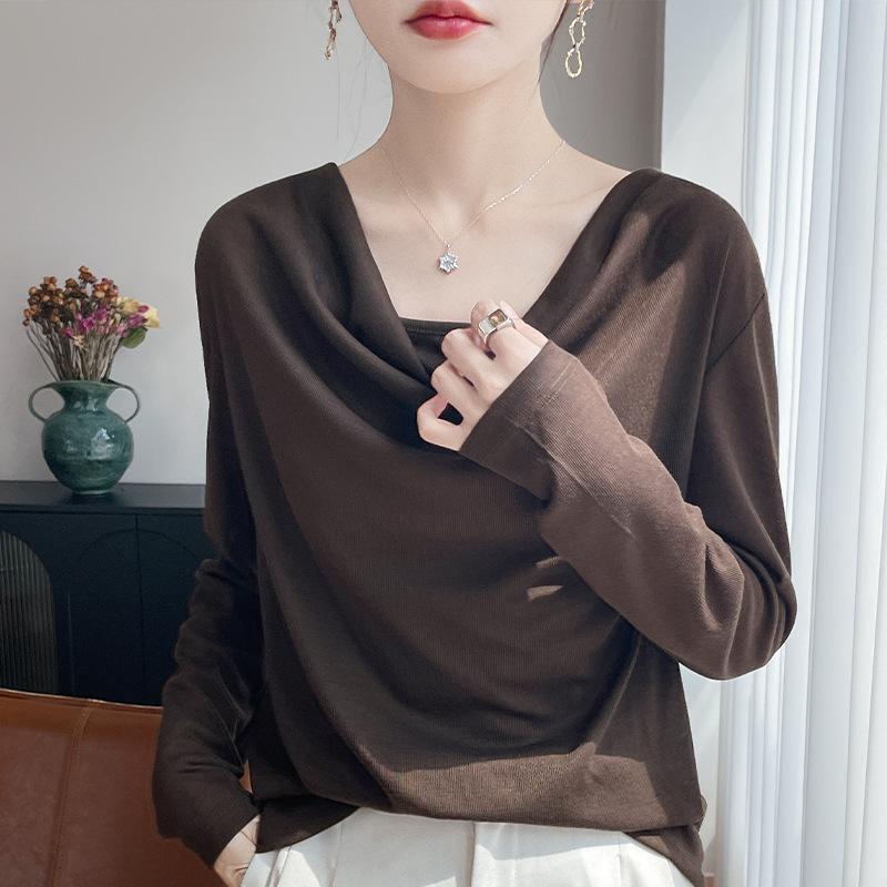 

Knitted V-neck Long-sleeved Base Top for Spring and Autumn. New Style, Elegant and Luxurious. Pure Color Inner Layer. XXL кавовий