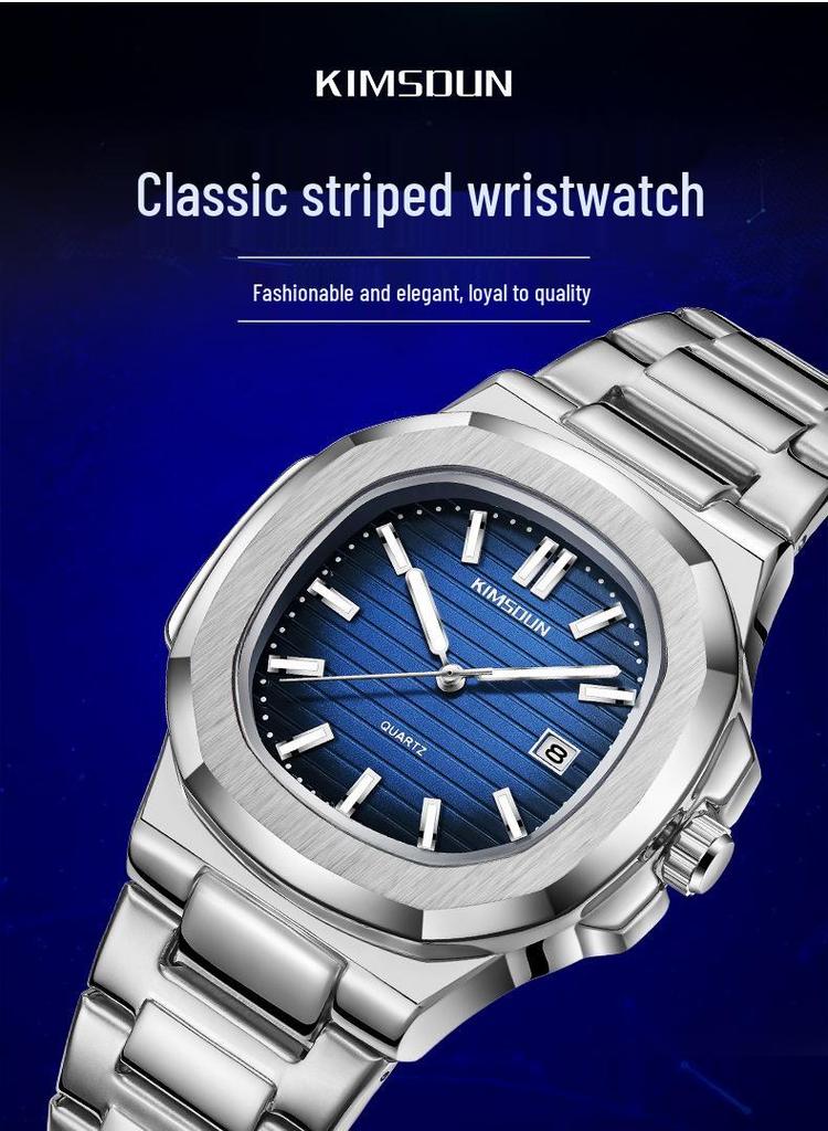Jin Shidun Men's Luminous Quartz Skeleton Watch with Steel Band and Date Display.
