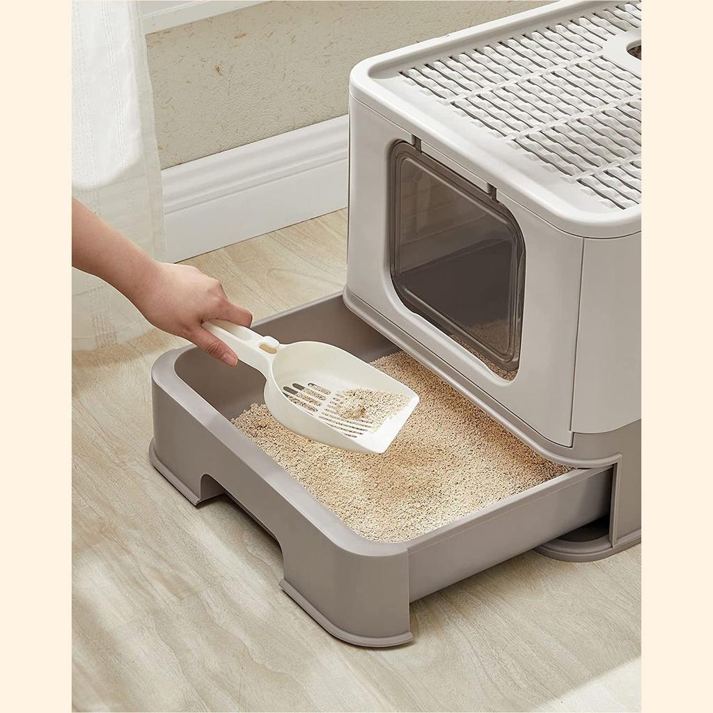 FEANDREA Cat Litter Tray with Lid for Cats up to 15 kg Oatmeal Warm Grey