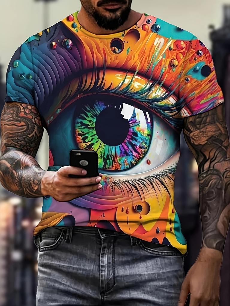 Men's Graffiti Style Colorful Eye Pattern Print T-shirt With Crew Neck And Short Sleeve Tops Suitable For Summer Leisurewear