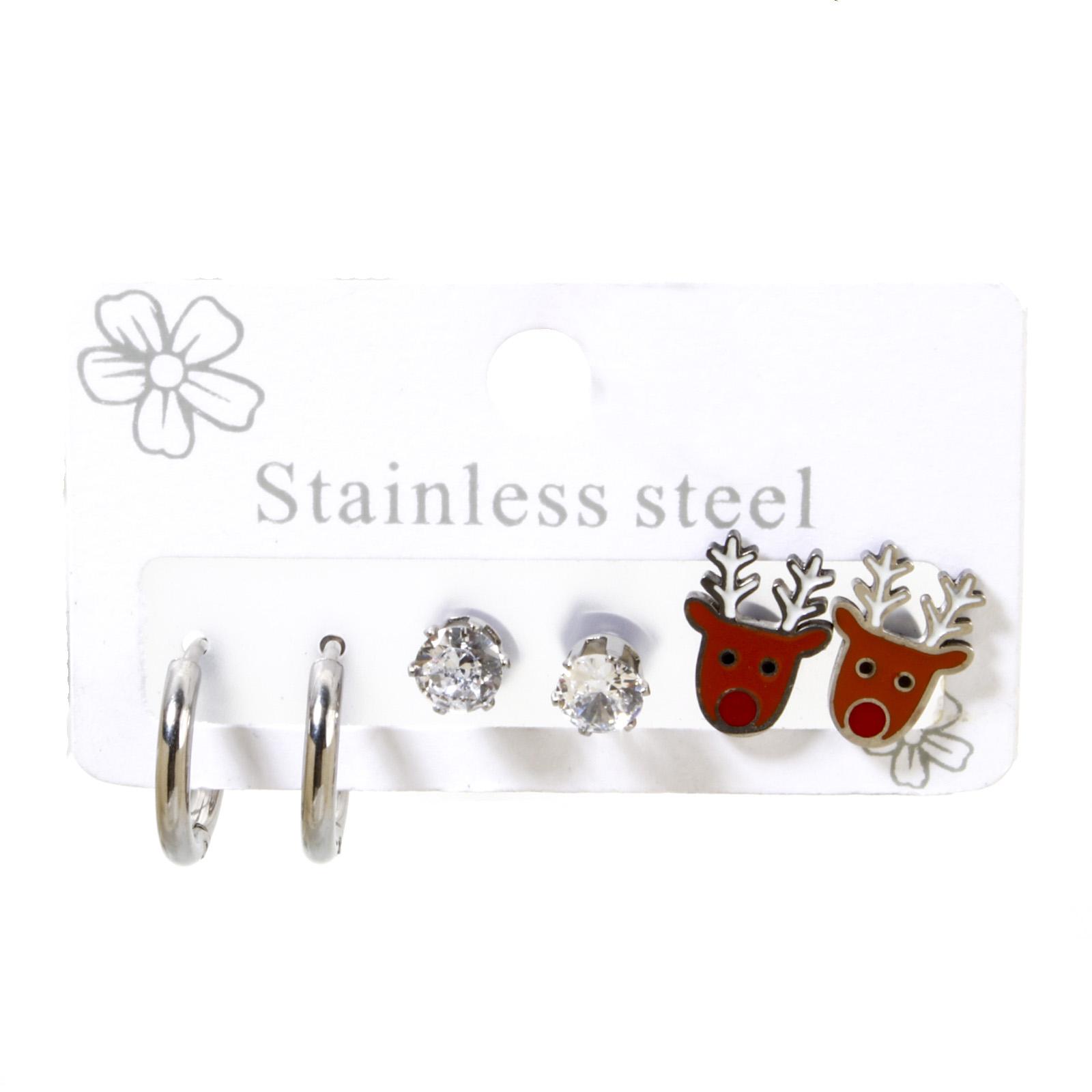 

3 Pair/set 304 Stainless Steel Christmas Ear Post Stud Earrings Set Silver Color For Girl Women Ear New Year Jewelry Gifts