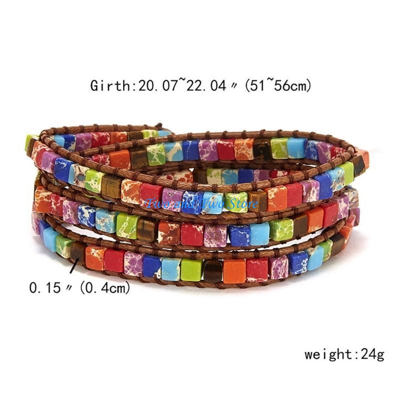 HX6F Multicolor Bracelet Jewelry Handmade Multi Natural Stone Tube Beads Leather Wrap Bracelet Couples Bracelets for Adult